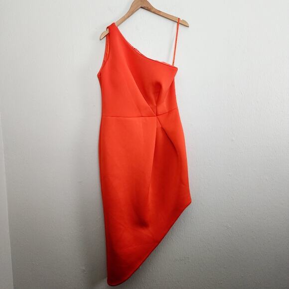 NEW Jovani Asymmetric One Shoulder Scuba Hi Low Sleeveless Dress Orange - Picture 2 of 11